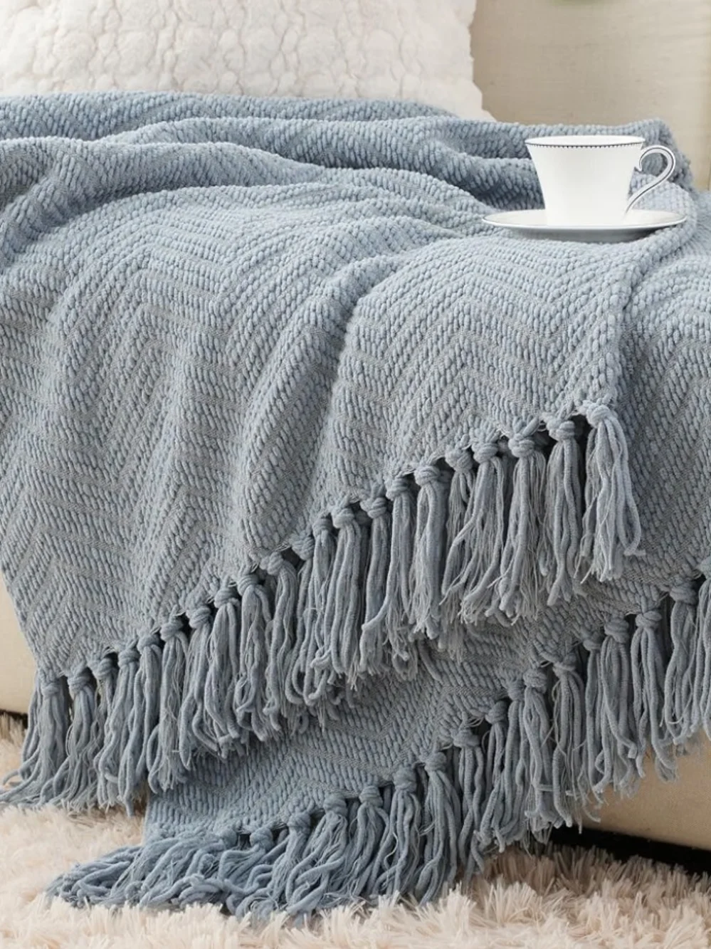 Cozy Textured Throw Blanket - Light Blue Chenille with Fringe 60 X 80